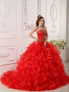 Red Organza Sweet 16 Dresses with Layered Ruffles and Train