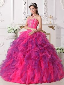 Hot Pink Satin and Organza Quinceanera Dress with Ruffles