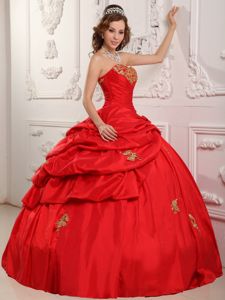 Red Taffeta Appliques Dress for Quinceanera with Pick-ups