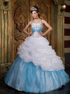 White and Blue Halter Beaded Quinceanera Dress with Pick-ups