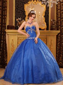 Blue Sweetheart Organza Appliques Dress for Quinceanera