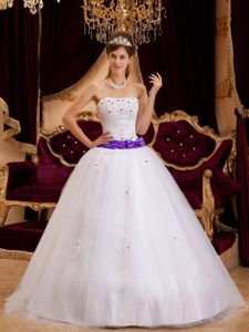 White Tulle Quinceanera Gown Dresses with Sash and Appliques