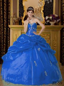 Blue Organza Appliques Quince Dresses with Pick-ups and Flowers