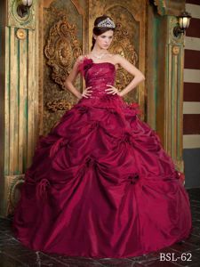 Wine Red Taffeta Beaded Dress for Quinceanera with Pick-ups