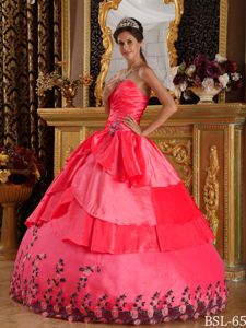 Coral Red Taffeta Ruches Quinceanera Gown Dresses with Appliques