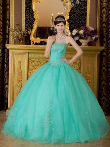 Noble Turquoise Organza Strapless Quinceanera Dress with Beadings