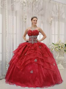 Organza Layers Quinces Dress in Red with Beading and Appliques
