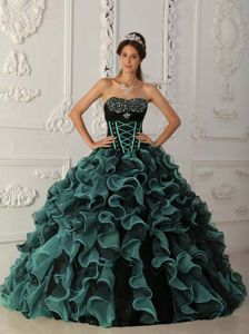 Ball Gown Dress for Quinces with Beading in Dark Green and Black