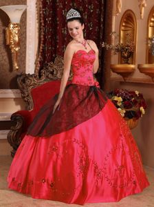 Coral Red and Black Quince Dress with Embroidery with Beading