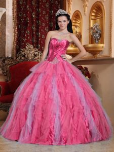 Tulle Ruffles Sweet 16th Dress in Coral Red with Beading