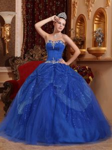 Blue Floor-length Quinceanera Gown with Tulle and Sequins