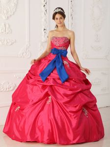 Coral Red Quinceanera Gown with Beading and Sash in Taffeta