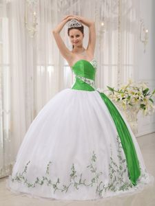 White and Green Sweetheart Quinces Dress with Embroidery