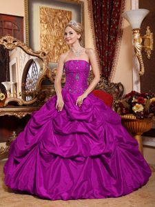 Strapless Purple Quinceanera Gown in Taffeta with Beading