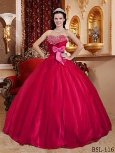 Beaded Quinces Dress in Red with Tulle and Taffeta Fabric