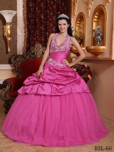 Appliqued Rose Pink Dress for Quinceanera with Halter-top