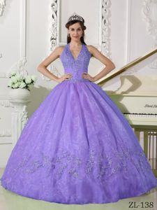 Appliqued Sweet 15th Dresses in Lavender with Halter-top