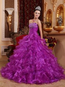Beaded Floor-length Quinces Dress in Purple with Organza