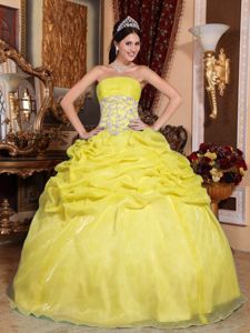 Quinceanera Gown Dresses Strapless in Yellow with Appliques