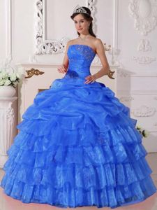 Organza Blue Strapless Ruffled Layers Quinceanera Dresses