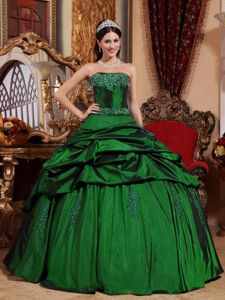 Strapless Green Quinceanera Dress in Taffeta with Beading