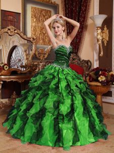 Green and Black Sweetheart Dress for Quince with Beads Encrusted on Top