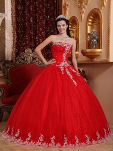 Coral Red Strapless Full-length Quinceanera Gowns with Dotted Fabric