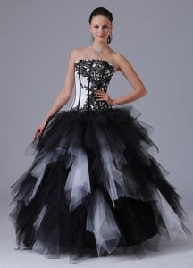 Black and White Quinceanera Dress With Embroidery and Ruffles