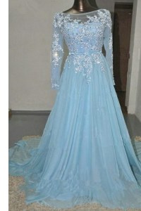 Long Sleeves Appliques and Belt Zipper Mother of Groom Dress with Baby Blue Court Train