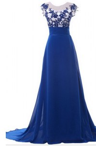 Scoop Sleeveless Chiffon With Brush Train Zipper Mother of the Bride Dress in Blue with Beading and Appliques