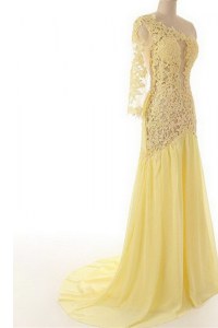 Clearance One Shoulder Side Zipper Mother of the Bride Dress Light Yellow for Prom and Party with Lace Sweep Train