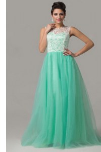 Charming Turquoise Column/Sheath Scoop Sleeveless Tulle Floor Length Criss Cross Lace Mother Dresses