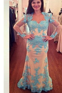 White and Blue Long Sleeves With Train Beading Zipper Mother of the Bride Dress