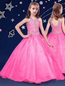 Halter Top Floor Length Hot Pink Little Girls Pageant Dress Organza Sleeveless Beading