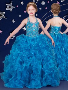 Eye-catching Halter Top Blue Lace Up Winning Pageant Gowns Beading and Ruffles Sleeveless Floor Length