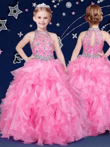 Fashionable Rose Pink Ball Gowns Organza Halter Top Sleeveless Beading and Ruffles Floor Length Zipper Pageant Dress Toddler