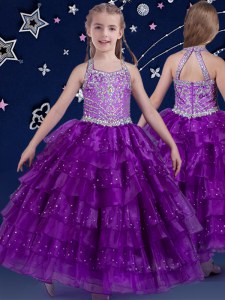 High Quality Halter Top Floor Length Zipper Little Girl Pageant Gowns Eggplant Purple for Quinceanera and Wedding Party with Beading and Ruffled Layers