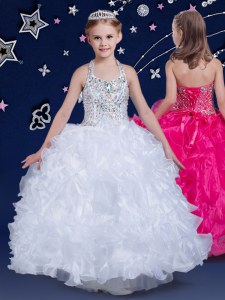 Halter Top Sleeveless Lace Up Kids Formal Wear White Organza