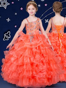 Cheap Beading and Ruffled Layers Child Pageant Dress Orange Lace Up Sleeveless Floor Length