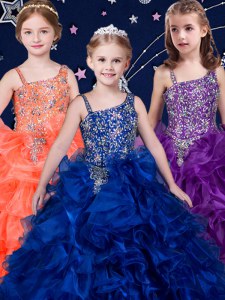 Most Popular Royal Blue and Purple and Orange Asymmetric Lace Up Beading and Ruffles Girls Pageant Dresses Sleeveless