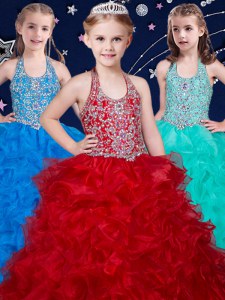 Wine Red and Baby Blue and Turquoise Halter Top Neckline Beading and Ruffles Kids Pageant Dress Sleeveless Zipper