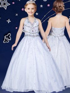 Halter Top White Sleeveless Floor Length Beading Lace Up Toddler Flower Girl Dress