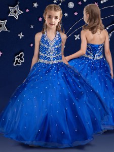 Ball Gowns Pageant Dress for Teens Royal Blue Halter Top Organza Sleeveless Floor Length Lace Up