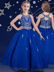 Popular Floor Length Royal Blue Evening Gowns Scoop Sleeveless Zipper