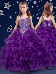Purple Little Girls Pageant Dress Quinceanera and Wedding Party and For with Beading and Ruffled Layers Asymmetric Sleeveless Lace Up