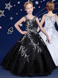 Amazing Scoop Black Ball Gowns Beading Glitz Pageant Dress Zipper Organza Sleeveless Floor Length