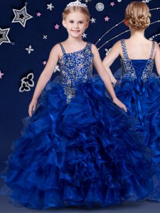 Sleeveless Floor Length Beading and Ruffled Layers Lace Up High School Pageant Dress with Royal Blue