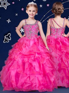 Charming Hot Pink Sleeveless Floor Length Beading and Ruffles Zipper Child Pageant Dress