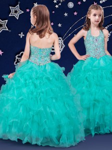 Halter Top Floor Length Ball Gowns Sleeveless Turquoise Little Girls Pageant Dress Wholesale Zipper