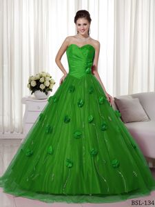 Green A-line Sweetheart Brush Train Quinceanera Dress with Flowers
